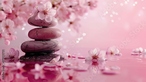 Zen stones, water, and Japanese cherry blossoms on a pink background with copy space. Wellness and harmony, massage and body care, spa and wellness concept.