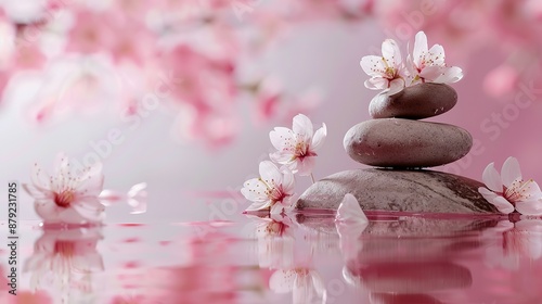Zen stones, water, and Japanese cherry blossoms on a pink background with copy space. Wellness and harmony, massage and body care, spa and wellness concept.