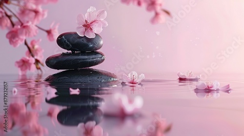 Zen stones, water, and Japanese cherry blossoms on a pink background with copy space. Wellness and harmony, massage and body care, spa and wellness concept.