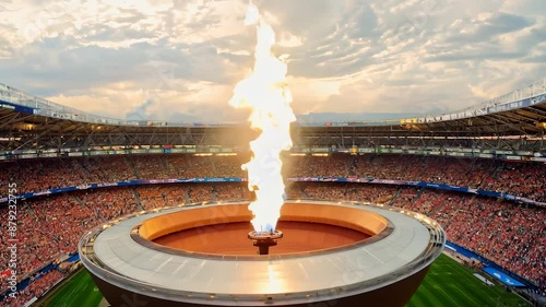 Slow motion capture of olympic flame lighting up in stadium during sunset, creating a vibrant and inspiring atmosphere