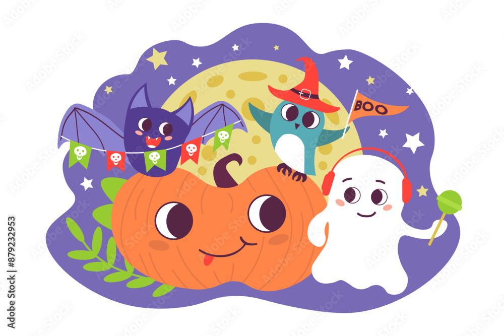Obraz premium Cute Halloween illustration of smiling pumpkin, bat with festive banner, owl in witch hat, and friendly ghost with headphones holding a lollipop. Starry, moonlit night. Halloween design. Vector.