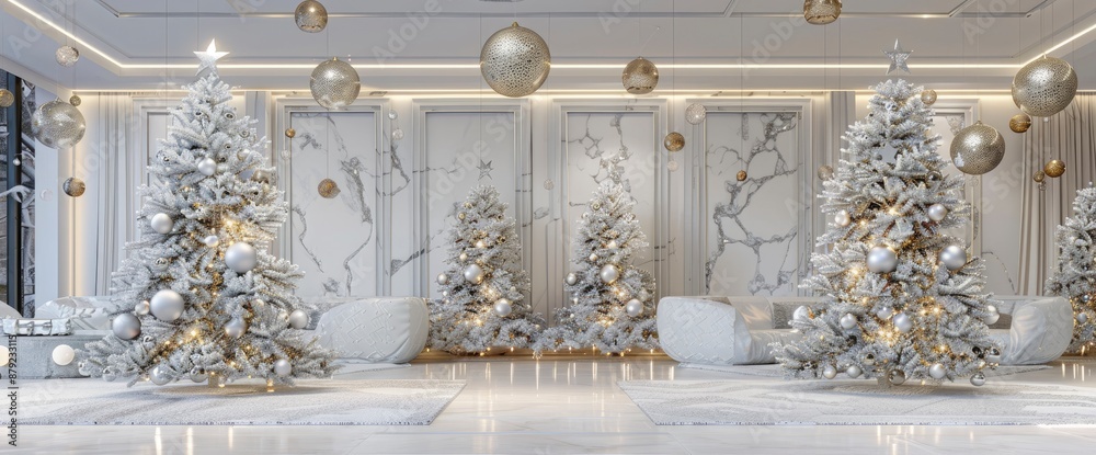 Two large designer snow trees in a lounge with lights and balls in white, gray, and gold, creating a festive and elegant scene Two large designer snow trees in a lounge with lights and balls in white, gray, and gold, creating a festive and elegant scene