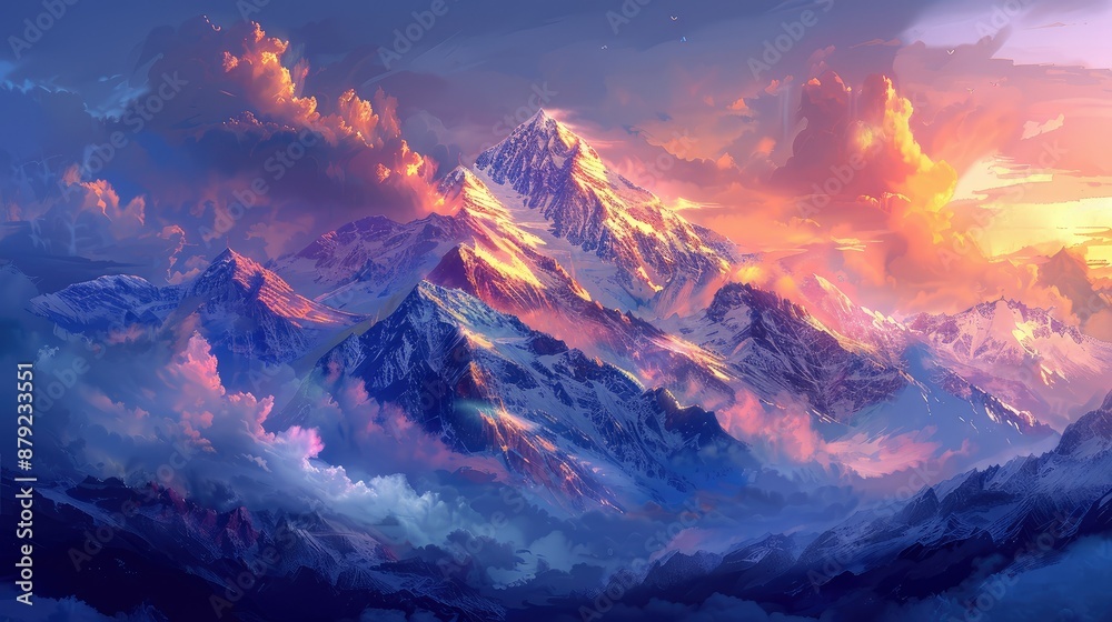 Glowing sunset casting warm light on mountains Glowing sunset casting warm light on mountains