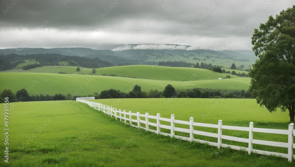 The image shows a rolling green field with a white fence running through it. There are a few trees scattered throughout the field, and a cloudy sky overhead.
The image shows a rolling green field with a white fence running through it. There are a few trees scattered throughout the field, and a cloudy sky overhead.