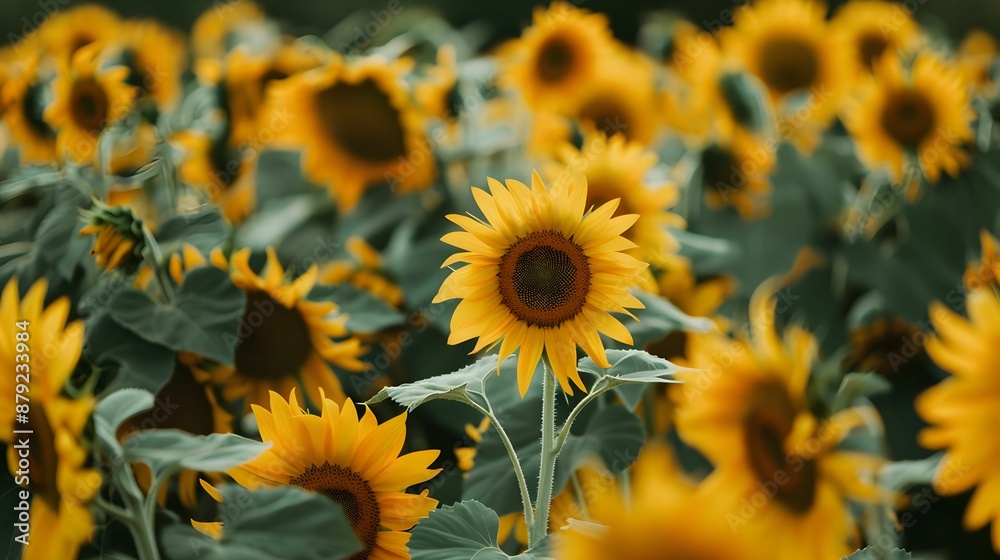 Fototapeta premium Sunflower Field in Bloom with Vibrant Yellow Flowers and Green Foliage 