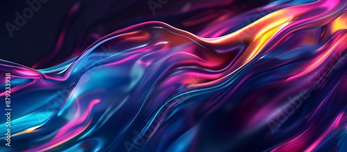 3d render, abstract background with colorful waves of liquid metal in neon colors on dark blue background.