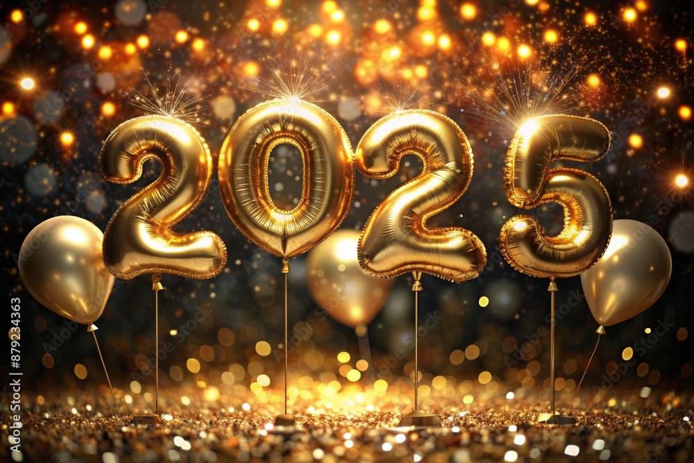 Happy New Year 2025. Helium balloons made of gold foil with the numbers 2025 and confetti on a black background. A festive poster or banner for a party and New Year's Eve. Happy New Year 2025. Helium balloons made of gold foil with the numbers 2025 and confetti on a black background. A festive poster or banner for a party and New Year's Eve.