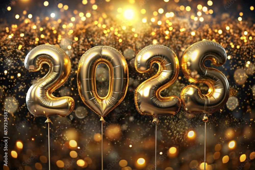 Happy New Year 2025. Helium balloons made of gold foil with the numbers 2025 and confetti on a black background. A festive poster or banner for a party and New Year's Eve. Happy New Year 2025. Helium balloons made of gold foil with the numbers 2025 and confetti on a black background. A festive poster or banner for a party and New Year's Eve.