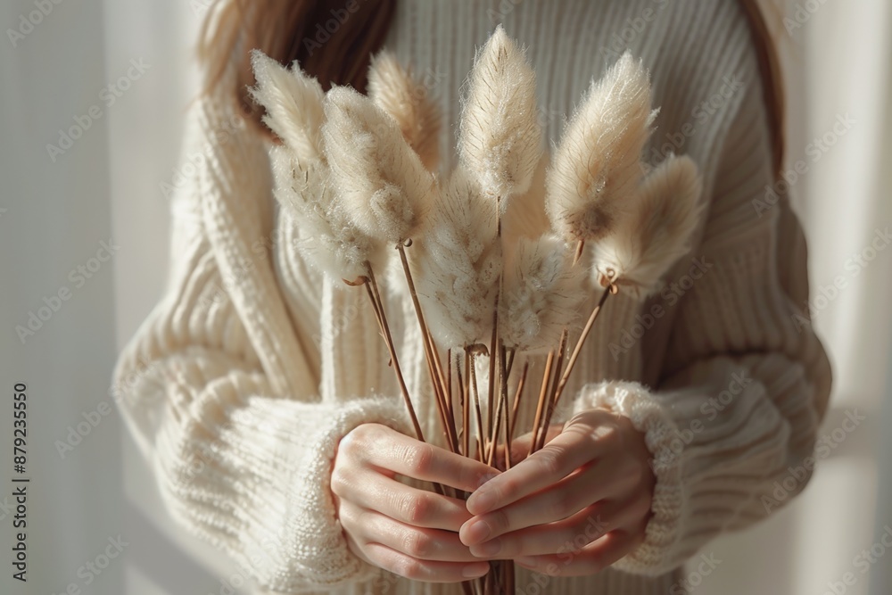 Woman holding a bouquet of dried flowers in soft sunlight. Woman holding a bouquet of dried flowers in soft sunlight.