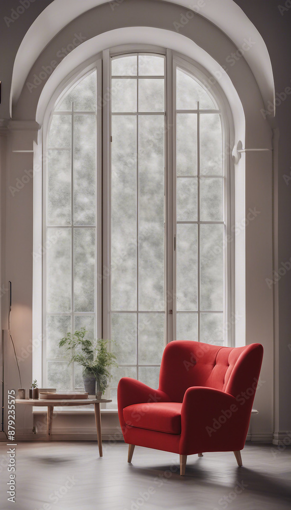 Red armchair against arch wall and window Minimalist scandinavian interior design of modern living r Red armchair against arch wall and window Minimalist scandinavian interior design of modern living r