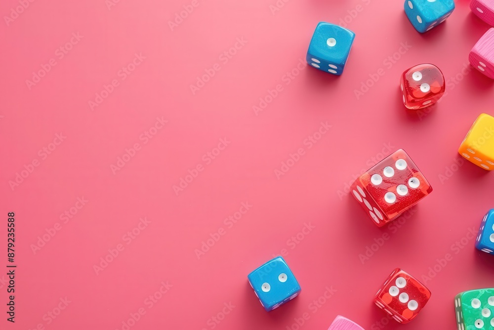 Flat lay of colorful board game pieces on pastel pink surface, exuding playful minimalism with generous copy space. Flat lay of colorful board game pieces on pastel pink surface, exuding playful minimalism with generous copy space.
