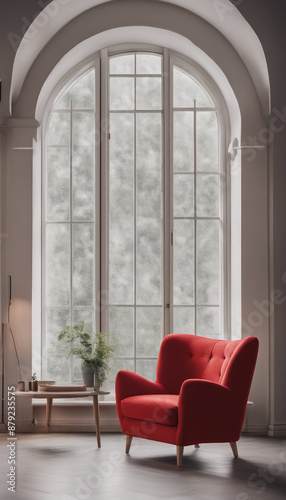 Red armchair against arch wall and window Minimalist scandinavian interior design of modern living r