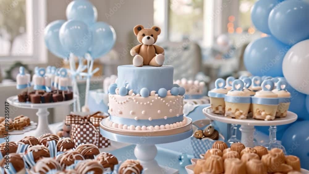 A dessert table adorned with blue balloons, a two-tier cake topped with a teddy bear, cupcakes, chocolates, and small cakes. A dessert table adorned with blue balloons, a two-tier cake topped with a teddy bear, cupcakes, chocolates, and small cakes.