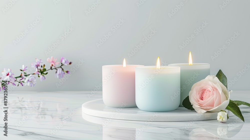 Three candles are burning, with a pink rose and scattered seashells and rose petals on a white surface