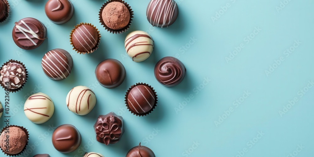 High angle of artisan chocolates on pastel turquoise surface, gourmet minimalism, copy space High angle of artisan chocolates on pastel turquoise surface, gourmet minimalism, copy space