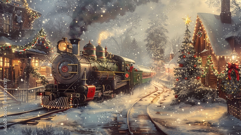 Festive Christmas Train in Snowy Winter Wonderland at Night Festive Christmas Train in Snowy Winter Wonderland at Night