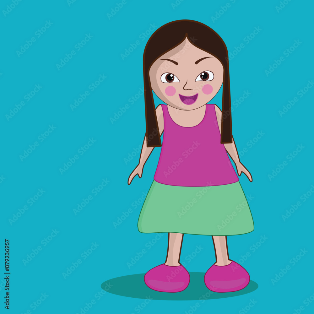 Cartoon Happy Little Girl Wearing Skirt and Top with Two Braids Hairstyle Vector Illustration. Cartoon Happy Little Girl Wearing Skirt and Top with Two Braids Hairstyle Vector Illustration.