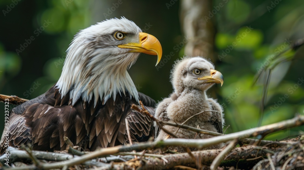Obraz premium Bald Eagle Parent and Chick in Nest