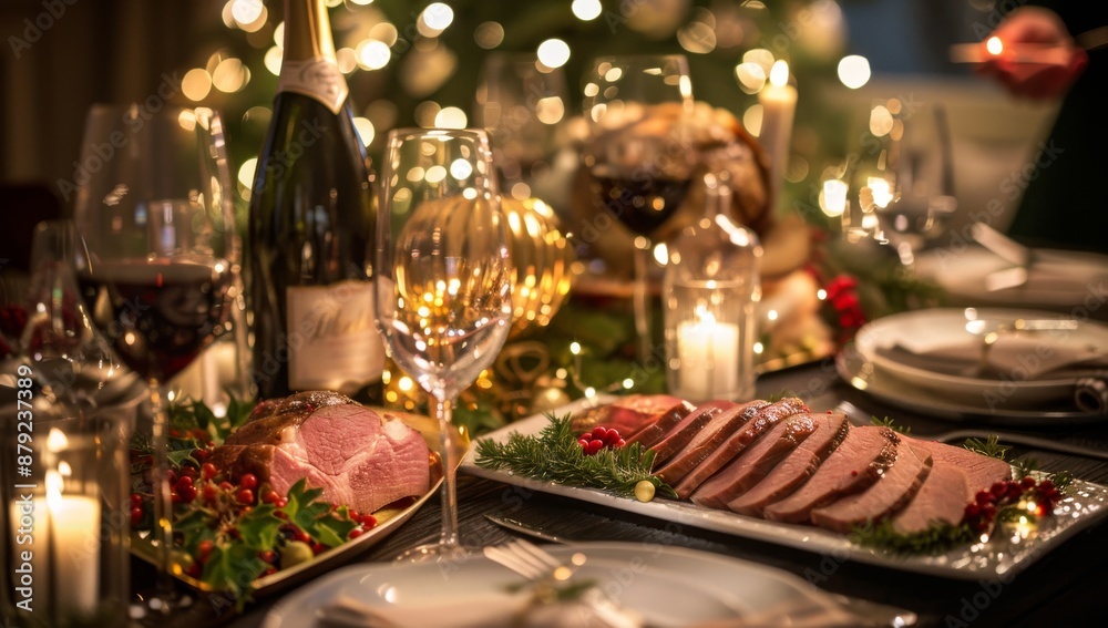 Festive Holiday Dinner with Sparkling Wine and Christmas Decorations Festive Holiday Dinner with Sparkling Wine and Christmas Decorations