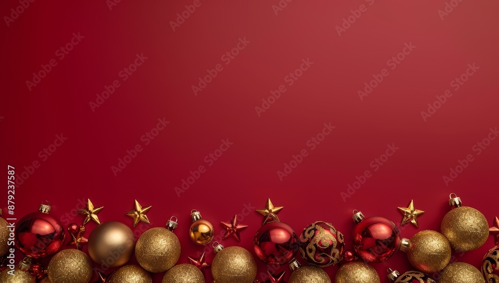 Festive Red and Gold Christmas Ornaments with Stars on a Red Background Festive Red and Gold Christmas Ornaments with Stars on a Red Background