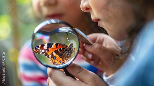 Children observing a butterfly through a magnifying glass, science lesson, nature exploration