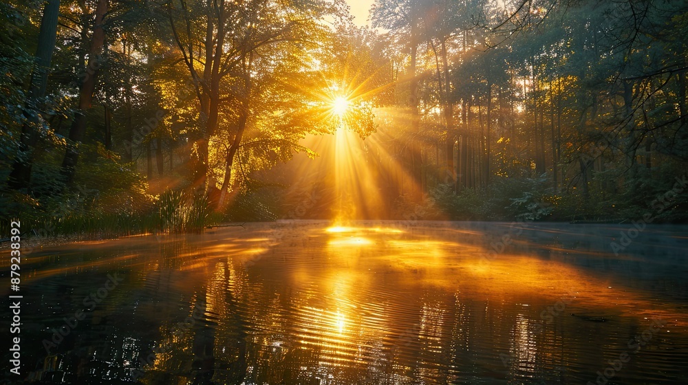 Obraz premium Glowing sunburst over tranquil lake