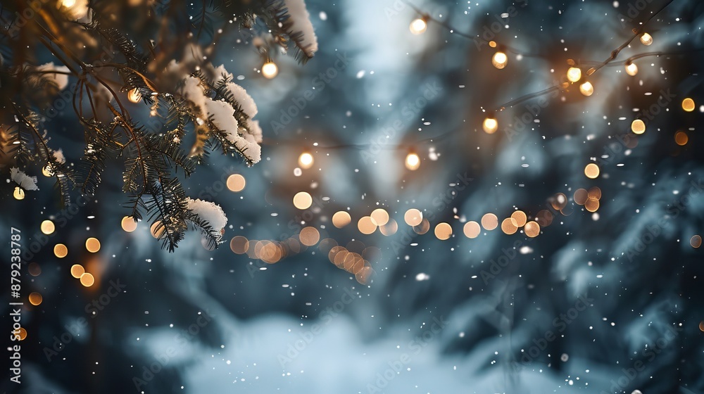 Magical Winter Wonderland with Glowing String Lights and Falling Snow