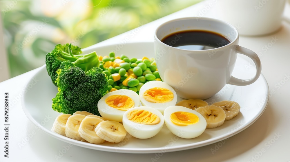 Healthy Breakfast with Boiled Egg, Broccoli, Pea, Banana, and Black Coffee
