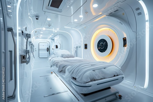 High-tech futuristic hospital room with advanced medical equipment and a comfortable bed.