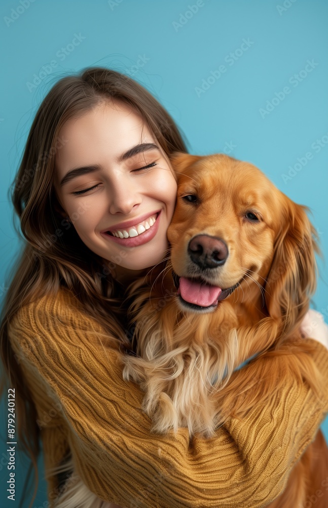 A happy young woman embraces a golden retriever dog with affection and joy A happy young woman embraces a golden retriever dog with affection and joy