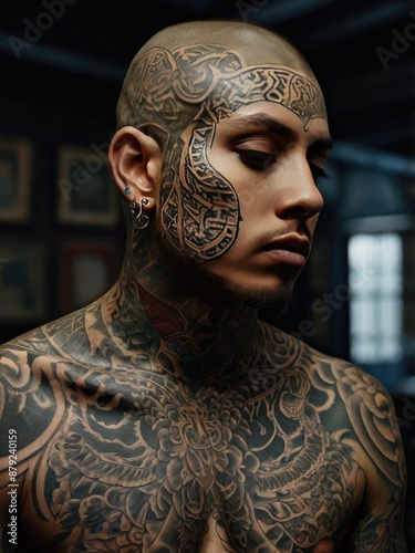 Portrait of a man with a full body tattoo Tattooed Man Tattooed man looking at the camera Man with tattoos on his face and chest Portrait of a tattooed man