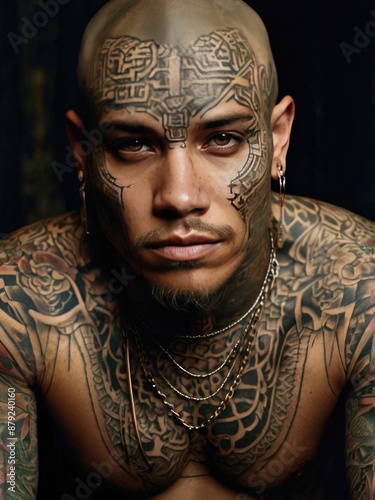 The titles could be Intricate Tattooed Man Man with Face Tattoo Portrait of a Tattooed Man Body Art Intense Look