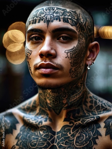 The image depicts a man with tattoos all over his face and body