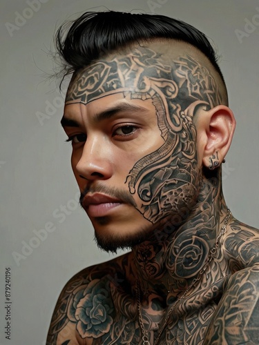 The title could be Portrait of a Man with Full Face and Neck Tattoos