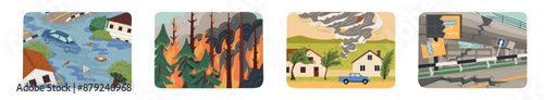 Forest fire, earthquake, tornado and flooding natural disasters set