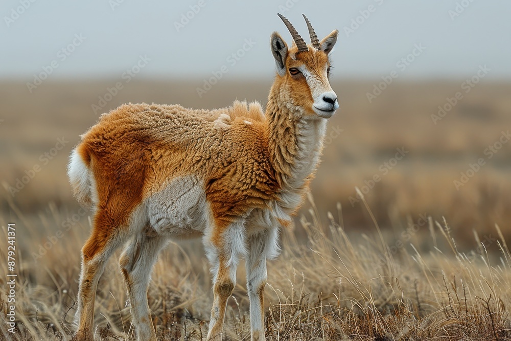 Obraz premium A Saiga antelope standing in the open plains of Kazakhstan, its unique, bulbous nose and light brown coat blending with the landscape.
