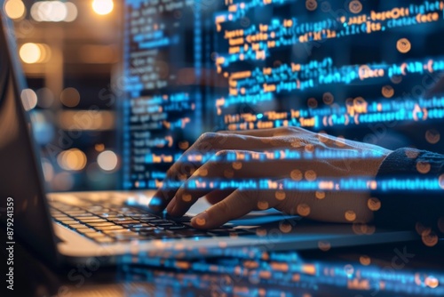 Hands typing on a laptop with code reflected on the screen, highlighting the world of programming and software development.