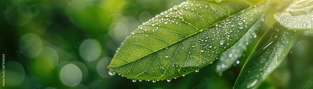 Fresh green leaf with water droplets in morning sunlight, close-up showcasing natural beauty and purity in a vibrant, tranquil setting. Fresh green leaf with water droplets in morning sunlight, close-up showcasing natural beauty and purity in a vibrant, tranquil setting.