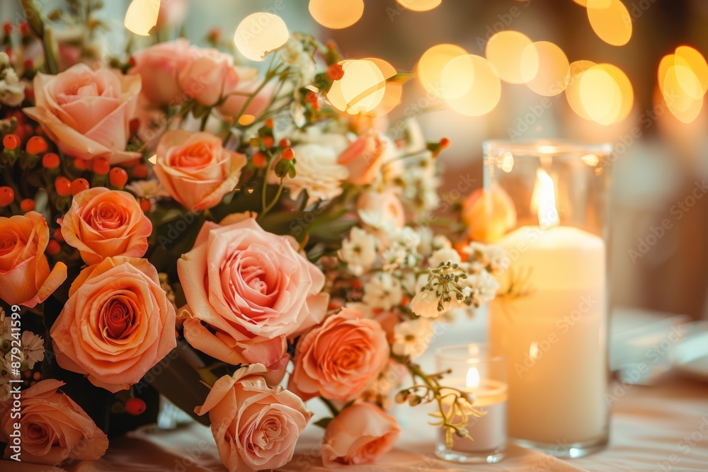 Elegant bouquet of pink roses and candles, creating a romantic and warm ambiance with bokeh lights in the background. Elegant bouquet of pink roses and candles, creating a romantic and warm ambiance with bokeh lights in the background.