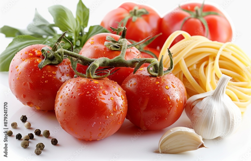 Raw Italian pasta, tomatoes, garlic and spices on white background, perfect for cooking sites, recipe sites Raw Italian pasta, tomatoes, garlic and spices on white background, perfect for cooking sites, recipe sites