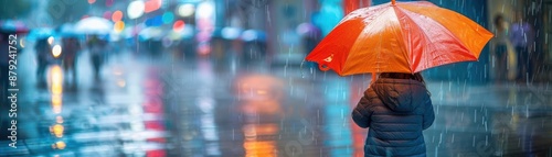 Person with red umbrella walking on a rainy city street at night, with bright lights and reflections on wet pavement. photo