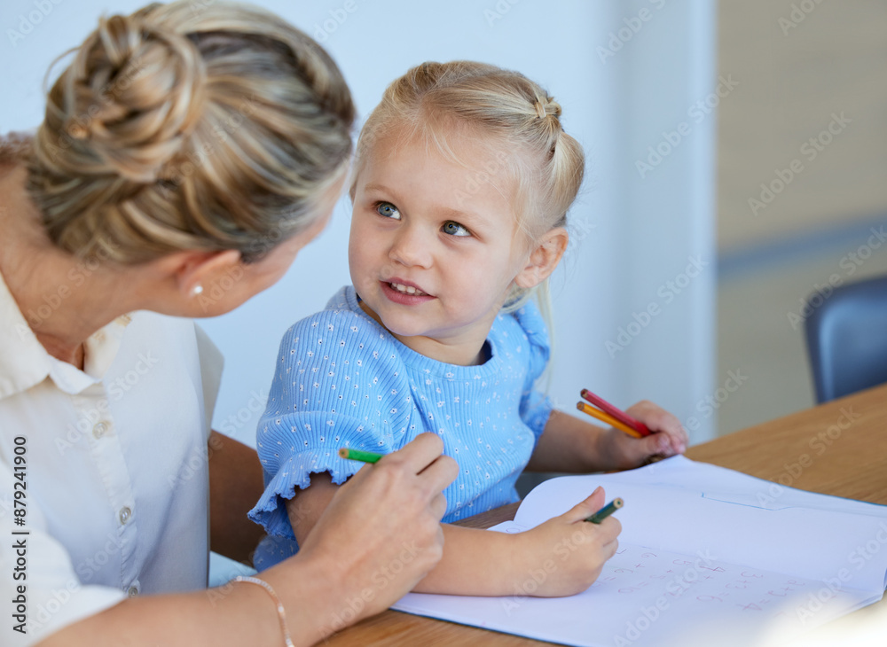 Woman, teaching and girl in learning for growth, development and homework for school with book. Parent, child and education in house for childhood, progress and home schooling in childcare or bonding Woman, teaching and girl in learning for growth, development and homework for school with book. Parent, child and education in house for childhood, progress and home schooling in childcare or bonding