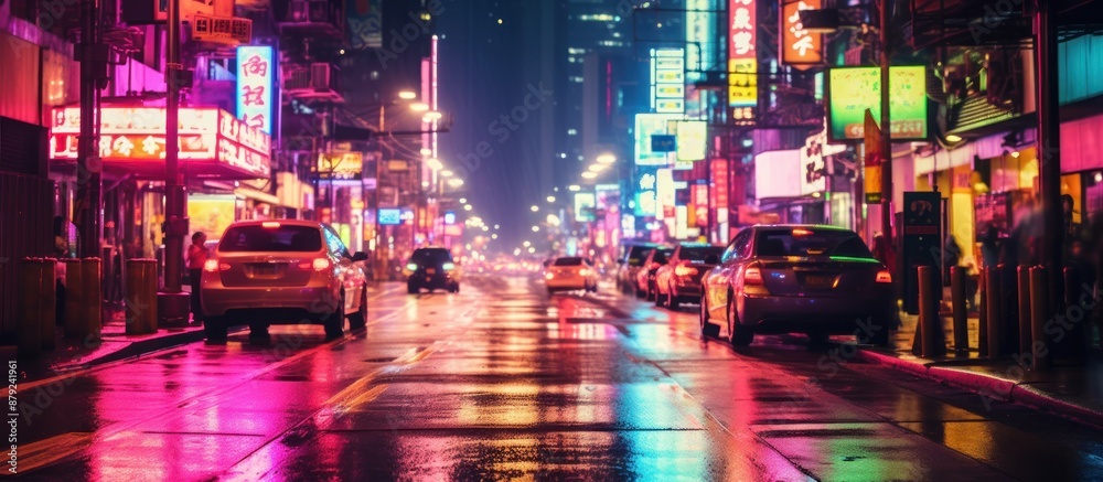 Neon Cityscape at Night with Cars on a Wet Street Neon Cityscape at Night with Cars on a Wet Street