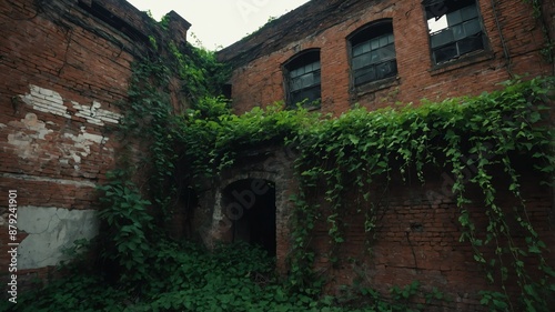 brick walls with overgrown vines and crumbling walls