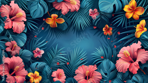 Vibrant tropical flowers and lush greenery creating a colorful jungle paradise © Novi