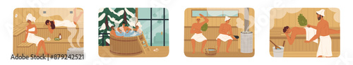 Happy people steaming in finnish sauna or finnish banya set