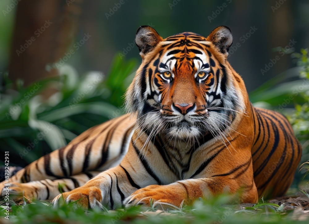 Naklejka premium A tiger lies on a sandy patch, with its stripes clearly visible, looking directly at the camera. Its surroundings are blurry green foliage and a fence