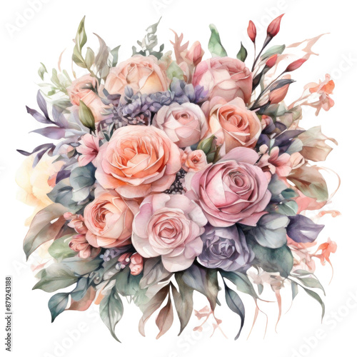 A gorgeous, luxurious bridal bouquet watercolor illustration perfect for wedding invitation and greeting card. photo