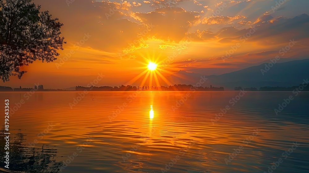 Naklejka premium Glowing sunburst over tranquil lake