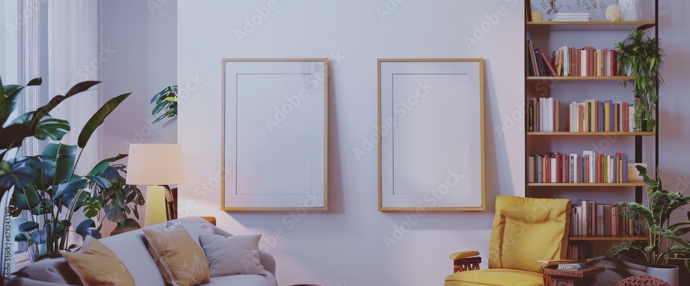 Creative composition of a stylish living room interior with two mockup poster frames, bookshelf, armchair, and sofa Creative composition of a stylish living room interior with two mockup poster frames, bookshelf, armchair, and sofa